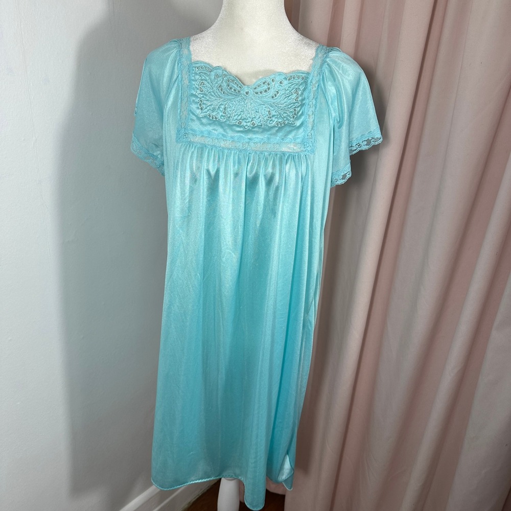 Jill Andrea Nightgown Womens Large Blue Vintage Lace Butterfly Nylon